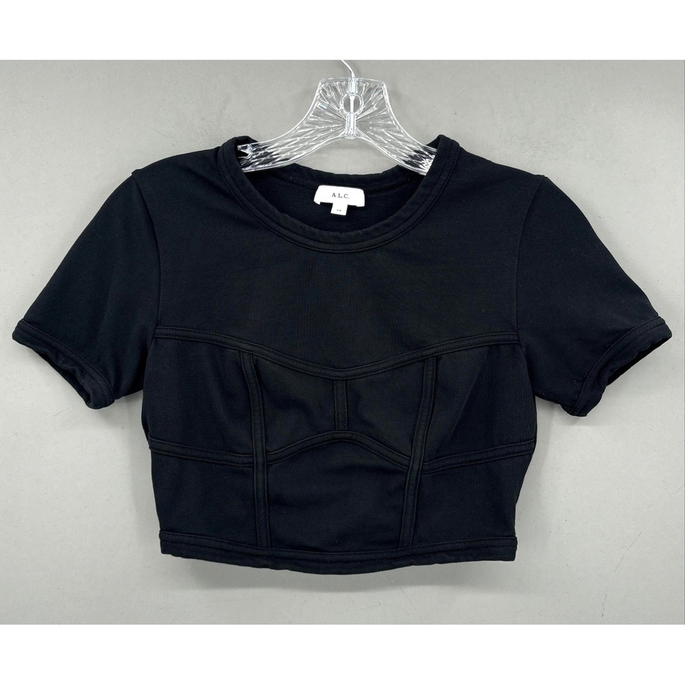 A.L.C. Shirt Womens XS Black Cropped‎ Corset Seamed Cotton Jersey Top TShirt